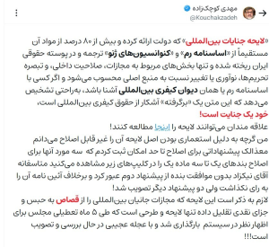 ادعای جنجالی کوچک‌زاده؛ دولت مجازات اعدام و قصاص را از لایحه «جنایات بین‌المللی» حذف کرد/ لایحه عمدتا برگرفته از اساسنامه رم است