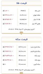 قیمت جدید طلا و سکه امروز ۱۶ مردادماه ۱۴۰۵/ جدول