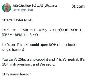 توئیت قالیباف به زبان انگلیسی خطاب به آمریکا؛ ببینم فدرال رزرو با بالا بردن نرخ بهره می‌تواند تنگه هرمز را باز کند یا یک بشکه نفت بیشتر تولید کند؟!