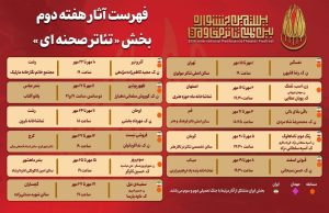 جدول آثار هفته دوم بخش «تئاتر صحنه‌ای» جشنواره بین‌المللی تئاتر مقاومت